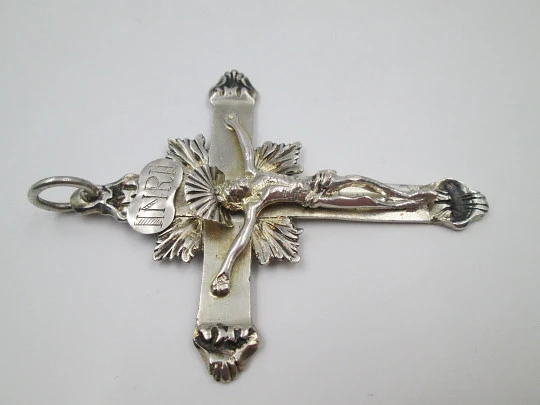 Sterling silver pendant crucifix. Christ with halo and radiance. Ring on top. 1850's. Spain