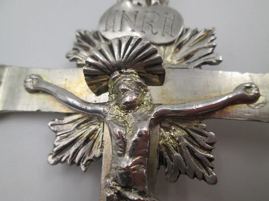 Sterling silver pendant crucifix. Christ with halo and radiance. Ring on top. 1850's. Spain