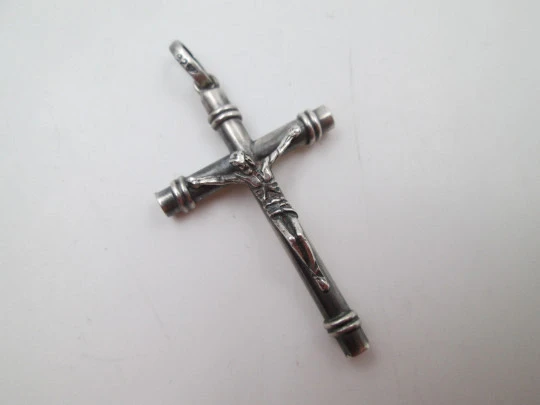 Sterling silver pendant crucifix. Spirals finials. Ring and hole on top. 1970's. Spain