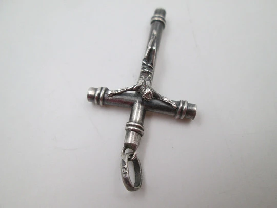 Sterling silver pendant crucifix. Spirals finials. Ring and hole on top. 1970's. Spain