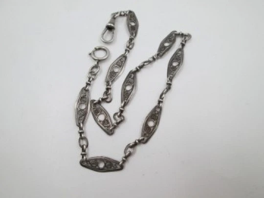 Sterling silver pocket watch chain. Openwork rhombuses. Crab clasp. 1930