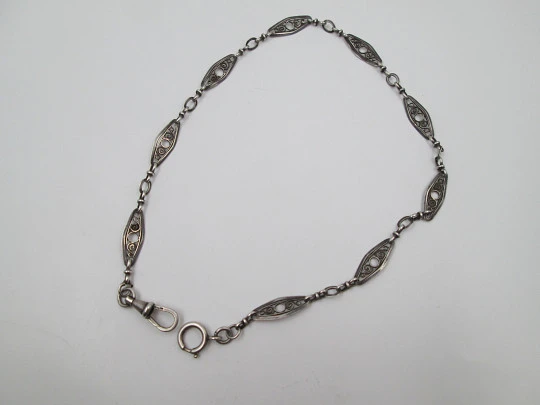 Sterling silver pocket watch chain. Openwork rhombuses. Crab clasp. 1930