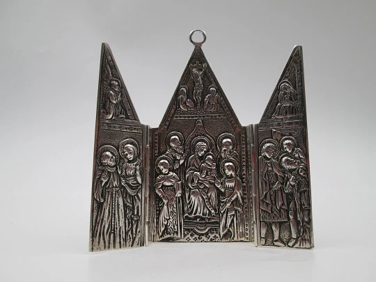 Sterling silver religious travel triptych. Virgin with child, Christ crucified and apostles. 1980's