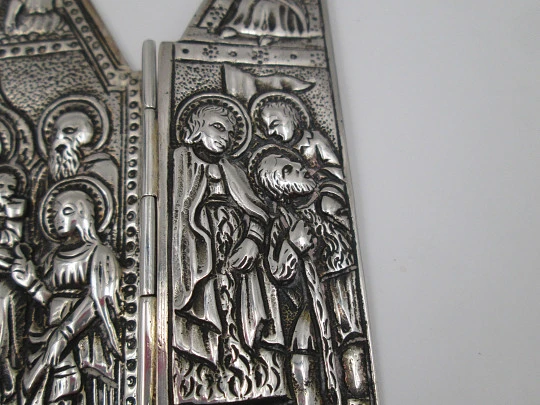 Sterling silver religious travel triptych. Virgin with child, Christ crucified and apostles. 1980's