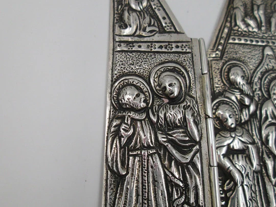 Sterling silver religious travel triptych. Virgin with child, Christ crucified and apostles. 1980's