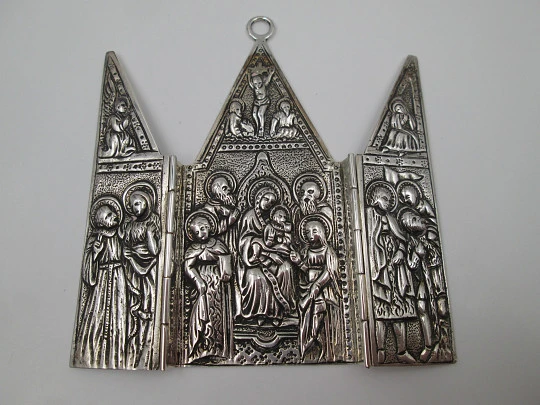 Sterling silver religious travel triptych. Virgin with child, Christ crucified and apostles. 1980's