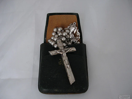 Sterling silver rosary. 1960's. Balls beads. Leather pouch