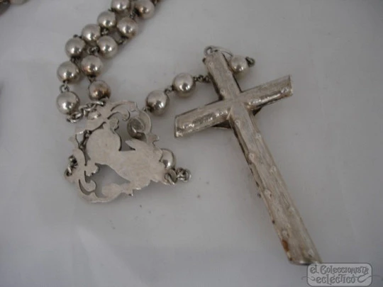 Sterling silver rosary. 1960's. Balls beads. Leather pouch