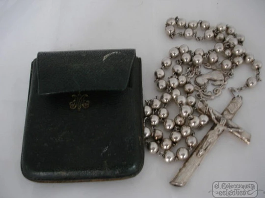 Sterling silver rosary. 1960's. Balls beads. Leather pouch