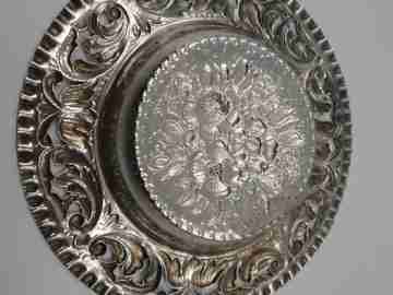 Sterling silver saucer. Flowers and scrolls. 1970's. Openwork edge