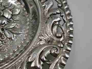 Sterling silver saucer. Flowers and scrolls. 1970's. Openwork edge