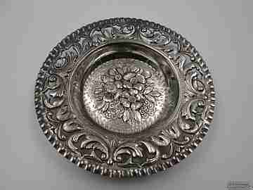 Sterling silver saucer. Flowers and scrolls. 1970's. Openwork edge