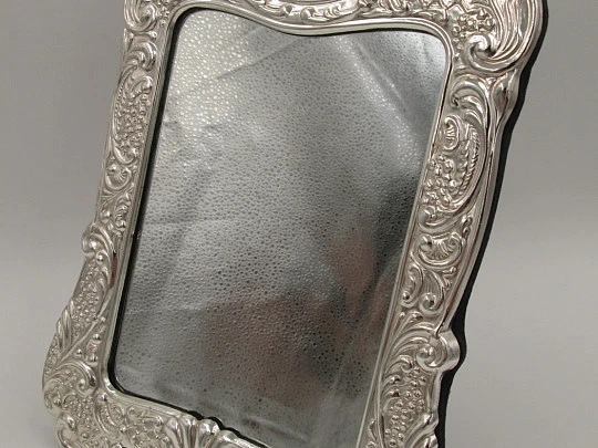 Sterling silver table mirror. Scrolls, shells and flowers. 1980