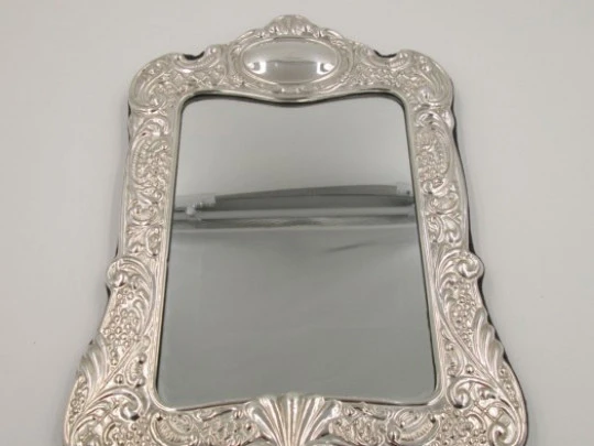 Sterling silver table mirror. Scrolls, shells and flowers. 1980