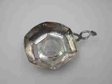 Sterling silver tastevin wine taster. Ferdinand VII coin. Openwork handle