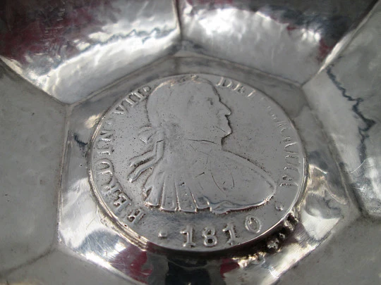 Sterling silver tastevin wine taster. Ferdinand VII coin. Openwork handle
