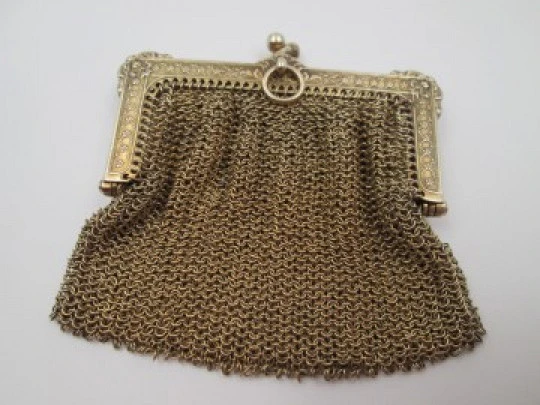 Sterling silver vermeil double ladies mesh purse. Balls clasp. France. 1920's