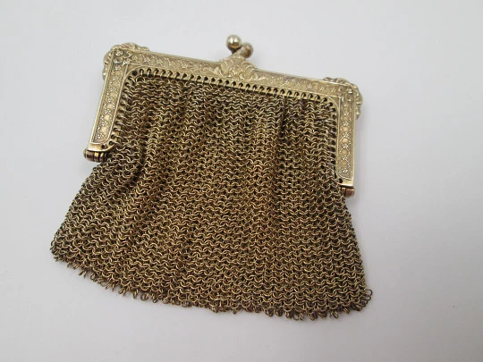 Sterling silver vermeil double ladies mesh purse. Balls clasp. France. 1920's