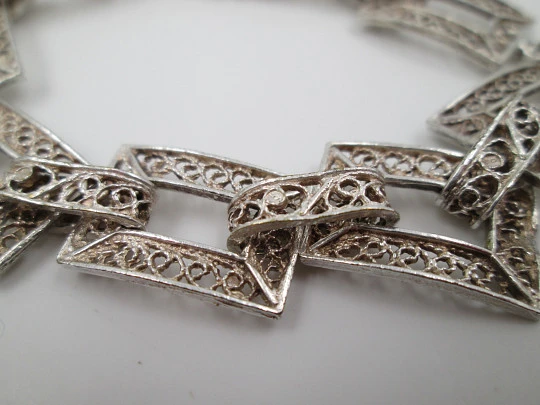 Sterling silver women's bracelet. Filigree openwork rectangles. 1980's. Europe