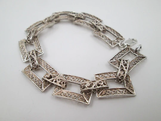 Sterling silver women's bracelet. Filigree openwork rectangles. 1980's. Europe