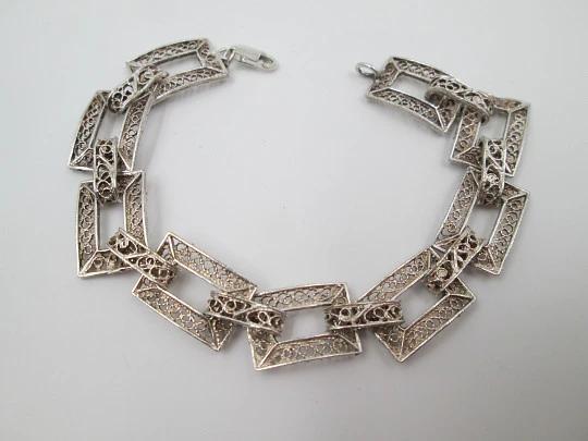 Sterling silver women's bracelet. Filigree openwork rectangles. 1980's. Europe