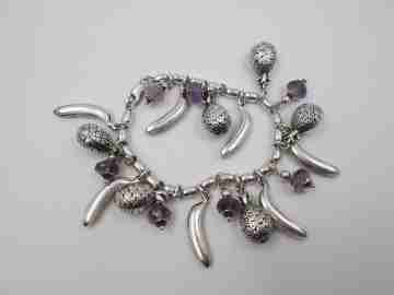 Sterling silver women's bracelet. Pineapples, bananas and amethysts