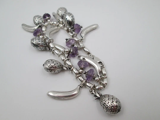 Sterling silver women's bracelet. Pineapples, bananas and amethysts