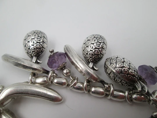 Sterling silver women's bracelet. Pineapples, bananas and amethysts