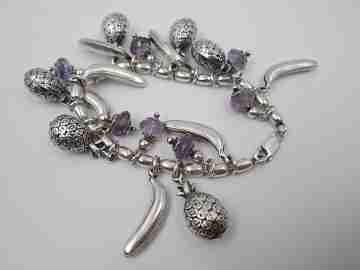 Sterling silver women's bracelet. Pineapples, bananas and amethysts