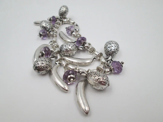 Sterling silver women's bracelet. Pineapples, bananas and amethysts