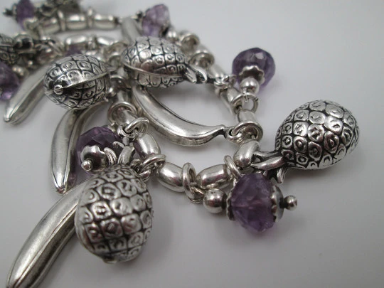 Sterling silver women's bracelet. Pineapples, bananas and amethysts