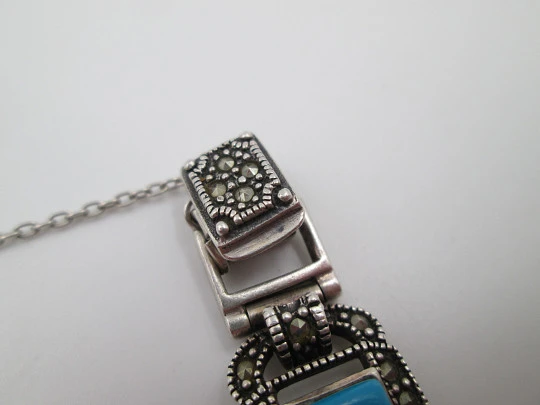 Sterling silver women's bracelet. Turquoise and marcasite. Tab clasp. 1970's. Europe