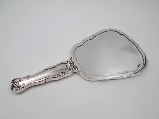 Sterling silver women's hand mirror. 1970's. Flowers and leaves. Spain