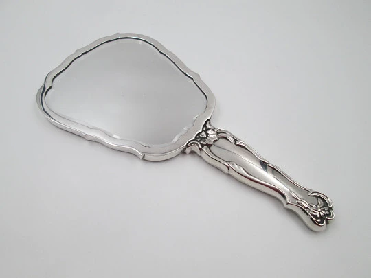 Sterling silver women's hand mirror. 1970's. Flowers and leaves. Spain