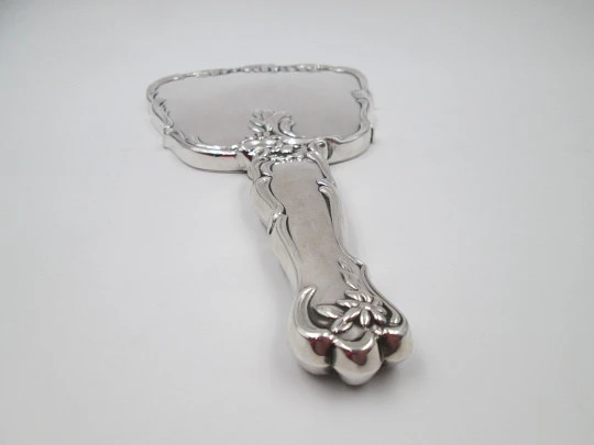 Sterling silver women's hand mirror. 1970's. Flowers and leaves. Spain