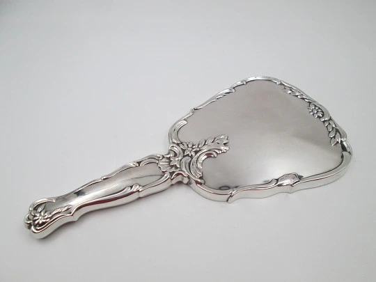 Sterling silver women's hand mirror. 1970's. Flowers and leaves. Spain