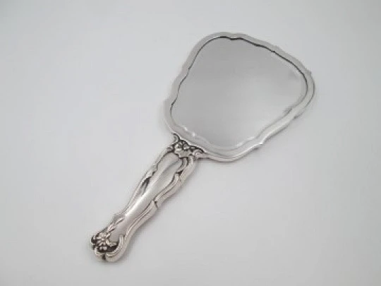 Sterling silver women's hand mirror. 1970's. Flowers and leaves. Spain