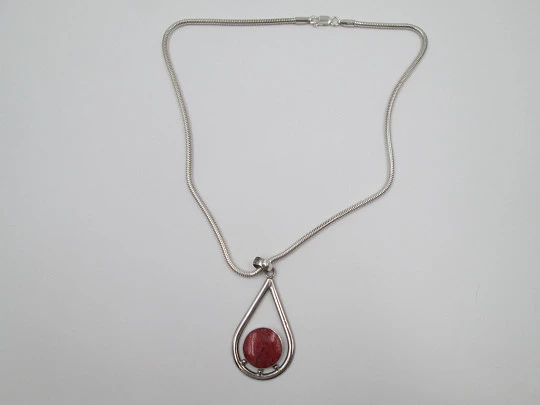 Sterling silver women's necklace. Cord & teardrop pendant with red stone. 1980's