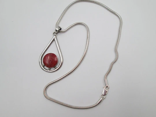 Sterling silver women's necklace. Cord & teardrop pendant with red stone. 1980's