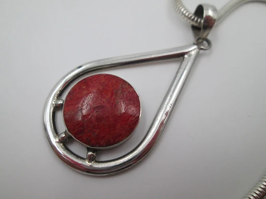 Sterling silver women's necklace. Cord & teardrop pendant with red stone. 1980's