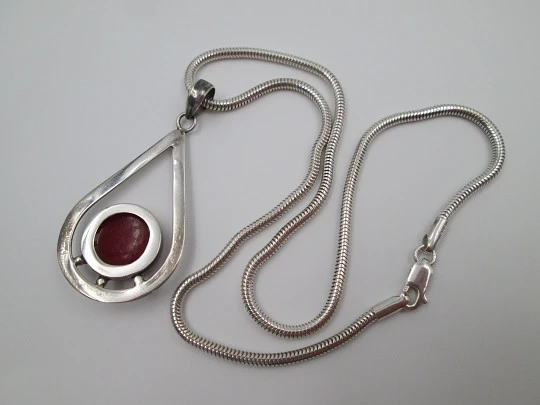 Sterling silver women's necklace. Cord & teardrop pendant with red stone. 1980's