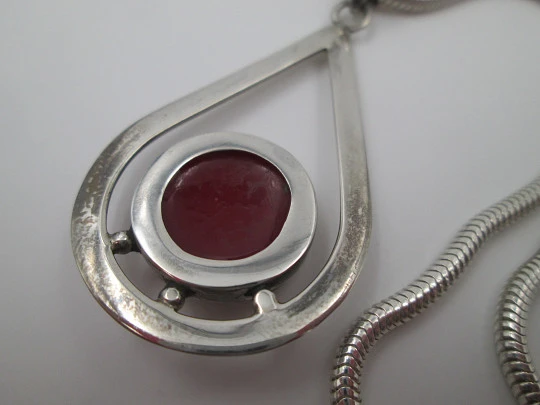 Sterling silver women's necklace. Cord & teardrop pendant with red stone. 1980's