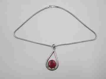 Sterling silver women's necklace. Cord & teardrop pendant with red stone. 1980's