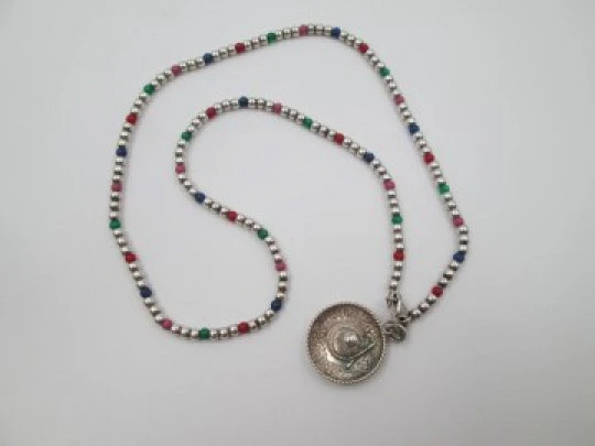 Sterling silver women's necklace. Cord with spheres & hat pendant. 1980's