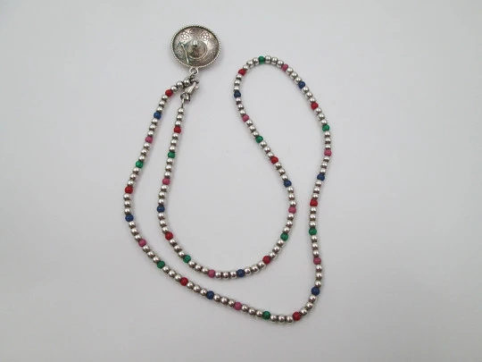 Sterling silver women's necklace. Cord with spheres & hat pendant. 1980's