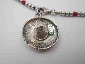 Sterling silver women's necklace. Cord with spheres & hat pendant. 1980's
