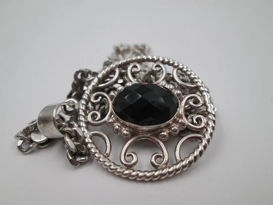 Sterling silver women's necklace. Curb link chain and openwork pendant with black gem