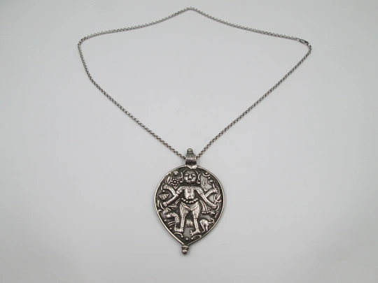 Sterling silver women's necklace. Open link chain and four-armed idol pendant. 1980's Sterling silver women's necklace. Open link chain and four-armed idol pendant. 1980's