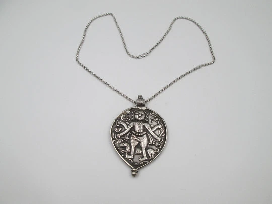 Sterling silver women's necklace. Open link chain and four-armed idol pendant. 1980's Sterling silver women's necklace. Open link chain and four-armed idol pendant. 1980's