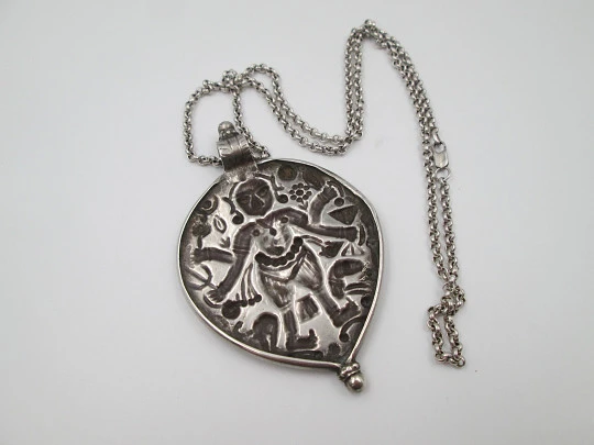 Sterling silver women's necklace. Open link chain and four-armed idol pendant. 1980's Sterling silver women's necklace. Open link chain and four-armed idol pendant. 1980's